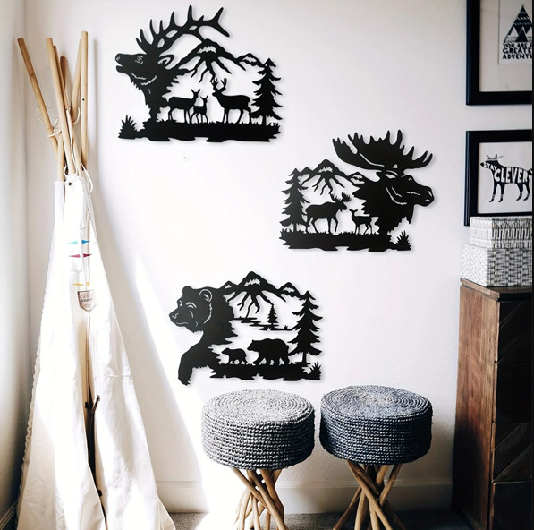 3pcs Metal Wildlife Wall Art Bear Elk Moose for Cabin Rustic Home Decor