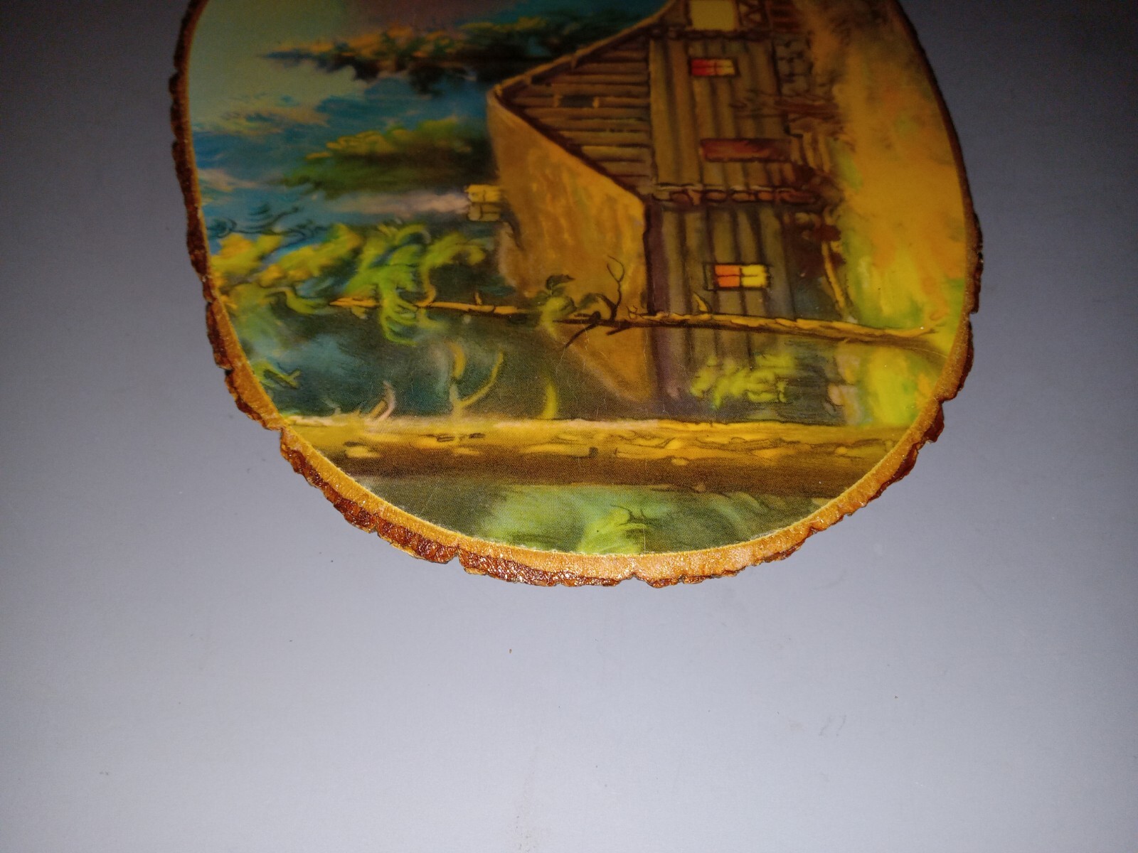 Rustic Log Cabin Landscape on Natural Wood Slice Wall Hanging