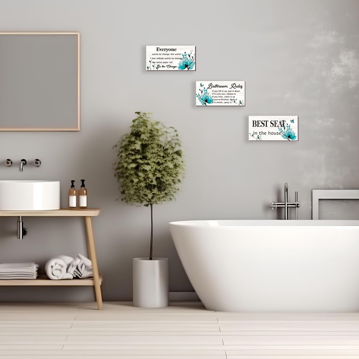 3-Piece Teal Bathroom Decor – Turquoise Flower Bathroom Rules Signs: ‘Best Seat