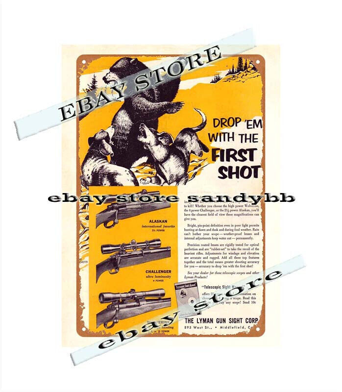pub bar 1953 wildlife hunters Gun Sights Alaskan Challenger Wolverine tin sign
