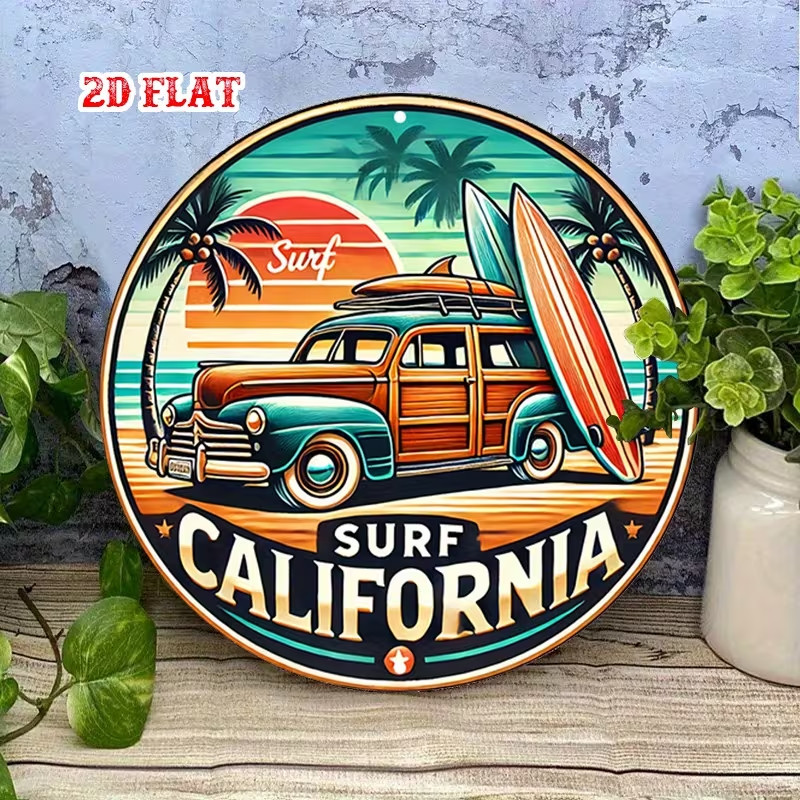 Vintage Beach Sunset Aluminum Metal Tin Sign – Retro Surfing & Palm Trees Round