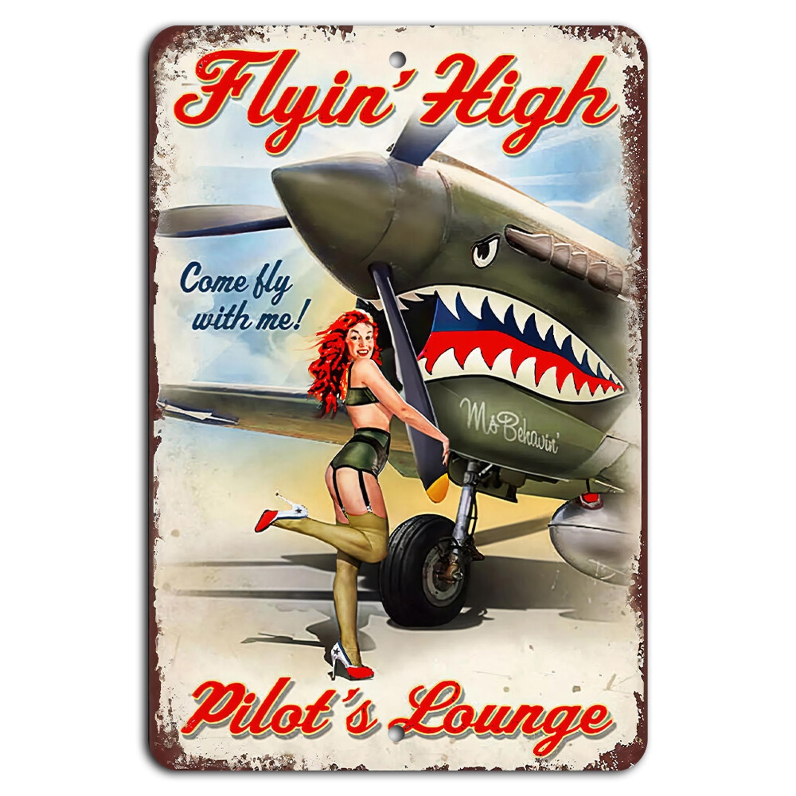 Pin Up Metal Sign BanginPrints Vintage Military Flying High Aluminum