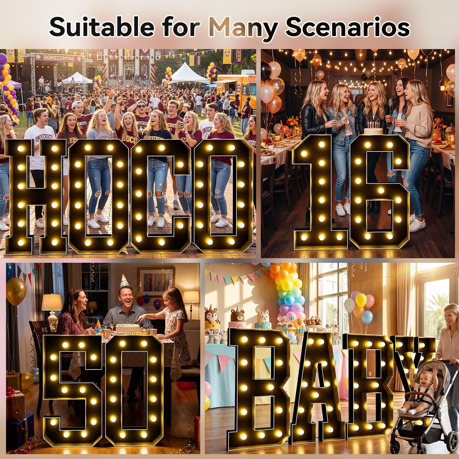 4FT Black Light Up Marquee Letters A – Easy Assembly Warm White Decor for Events