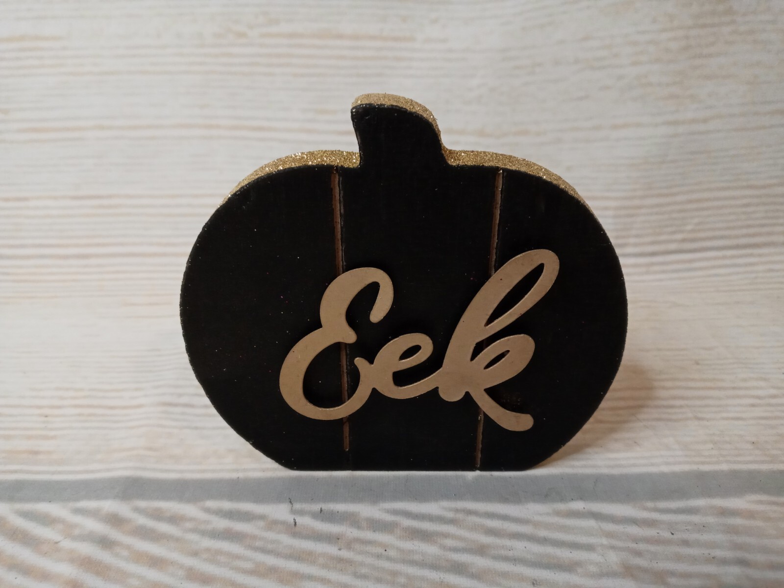 New! “EEK” Glitter Pumpkin Wood Sign Fall Decor Halloween Glam Black & Gold
