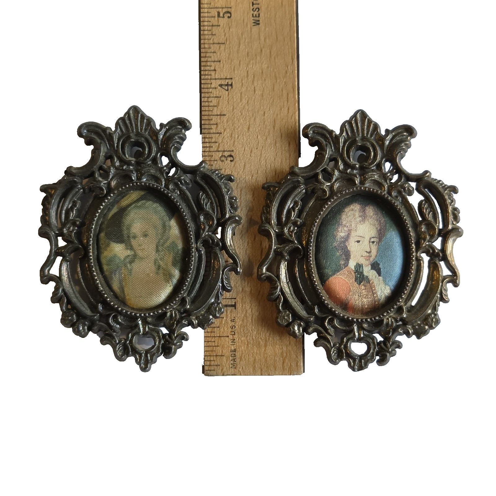 Vintage Pair Miniature Silk Portrait Plaques Man Woman Ornate Brass Frames Italy