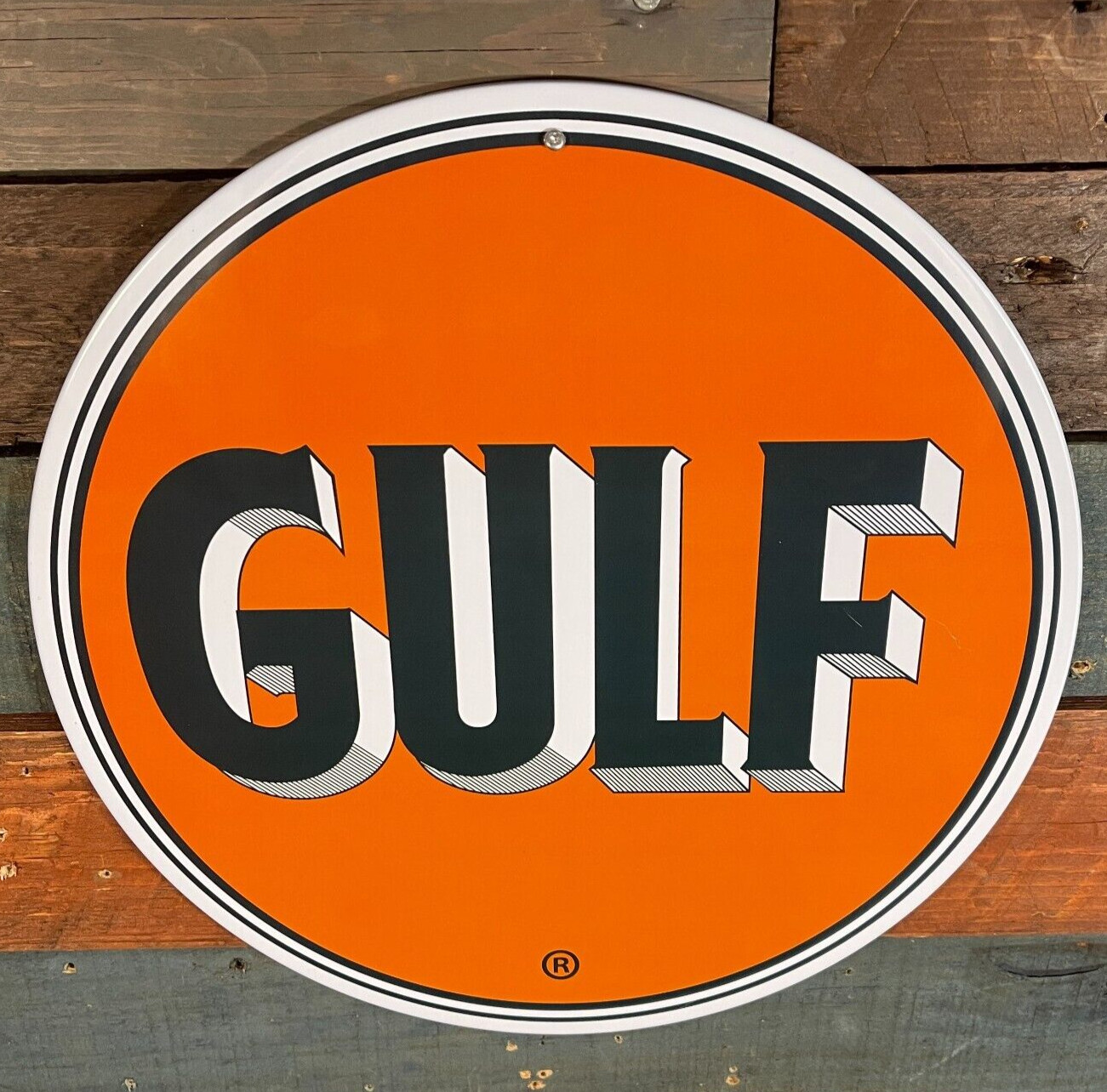 Gulf Oil Metal Sign 12″ Round Design – Wall Decor For Garage or Man Cave
