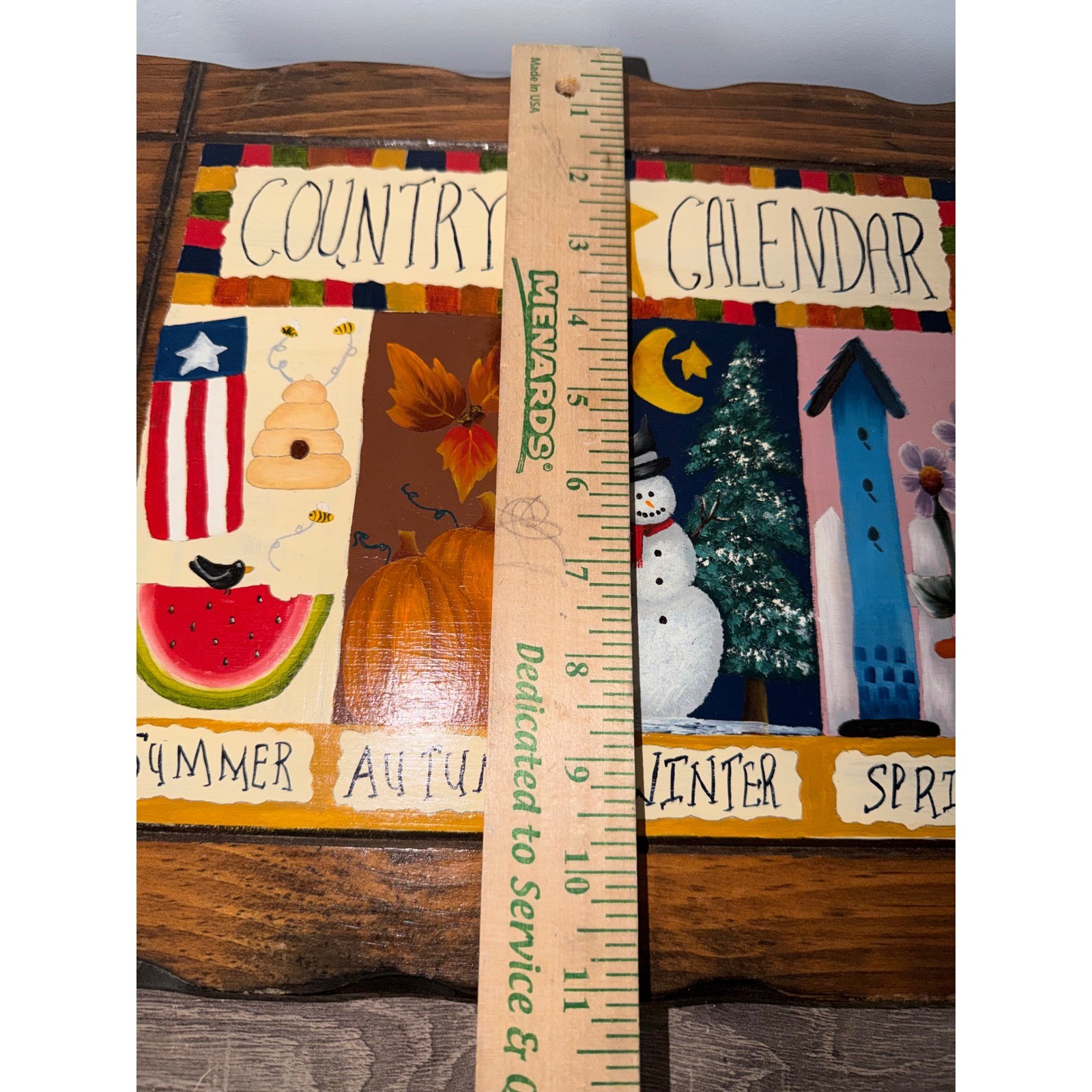 VTG Hand Painted Wood Country Calendar Wall Plaque Four Seasons Folk Art Sign