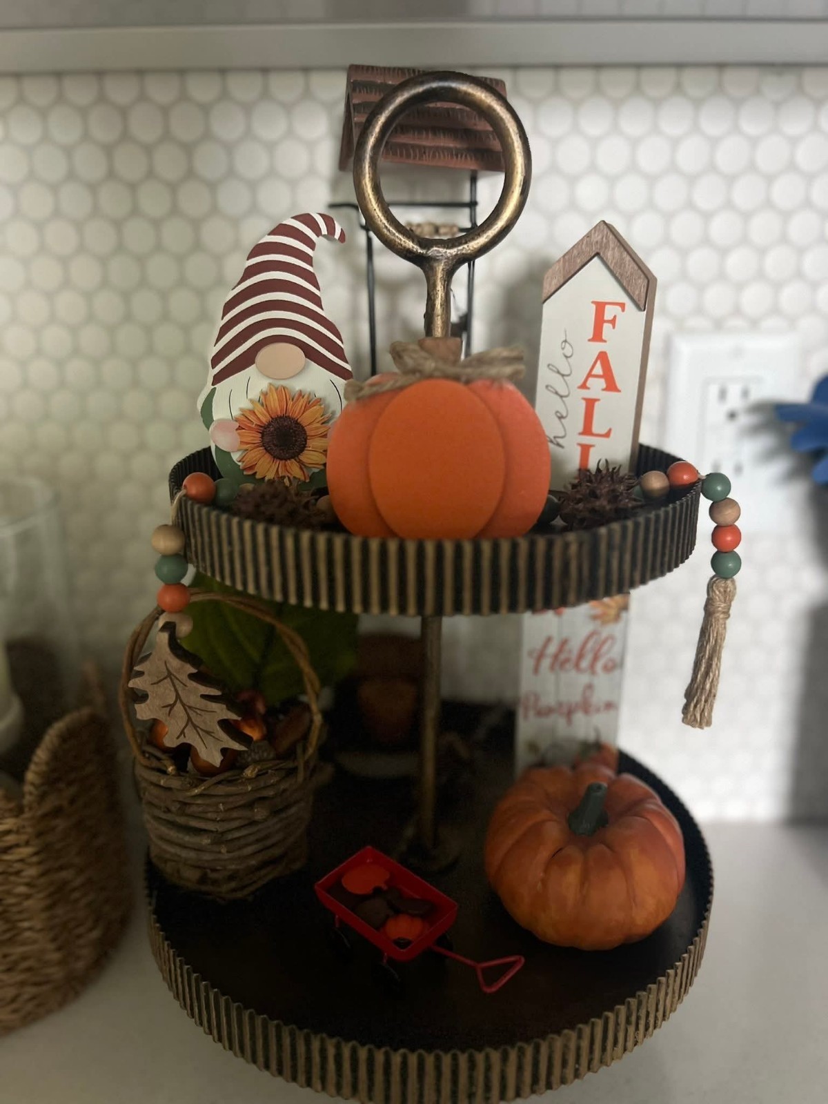 New! “HELLO PUMPKIN” Fall Wood Block Sign Farmhouse Tier Tray Autumn Halloween ~