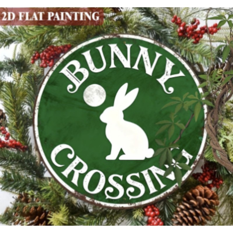 Bunny Crossing Metal Sign Round Vintage Green Farmhouse Wall Art Decoration Gift