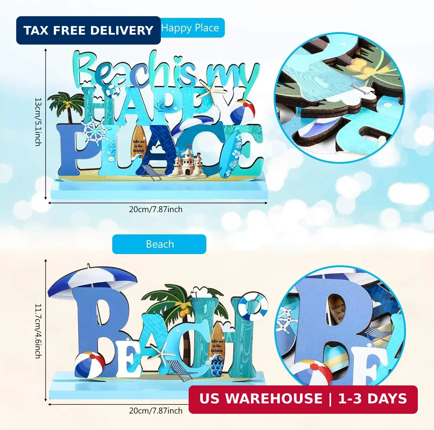 Blulu 2 Pcs Beach Table Signs Ocean Wood Table Decorations Beach Is My Happy Pla