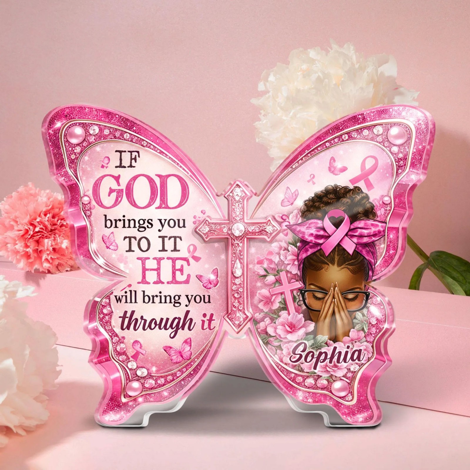 Personalized Breast Cancer Awareness Butterfly Acrylic Plaque Christian Faith Gi