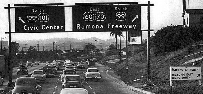 Los Angeles California Civic Center US 99 101 highway road sign 1954 LA 24×12