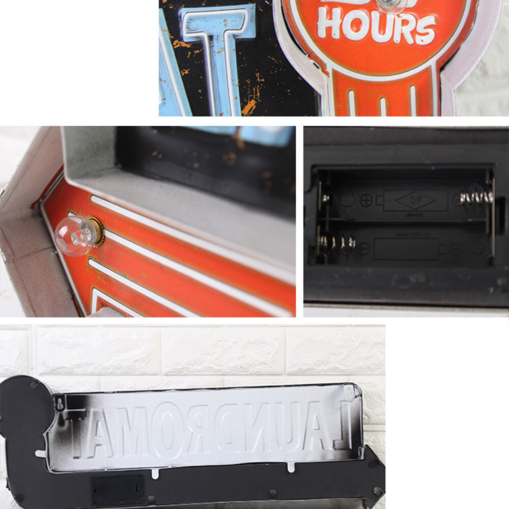 Vintage LED Light Metal Hanging Sign LAUNDROMAT Laundry Shop Art Wall Decoration