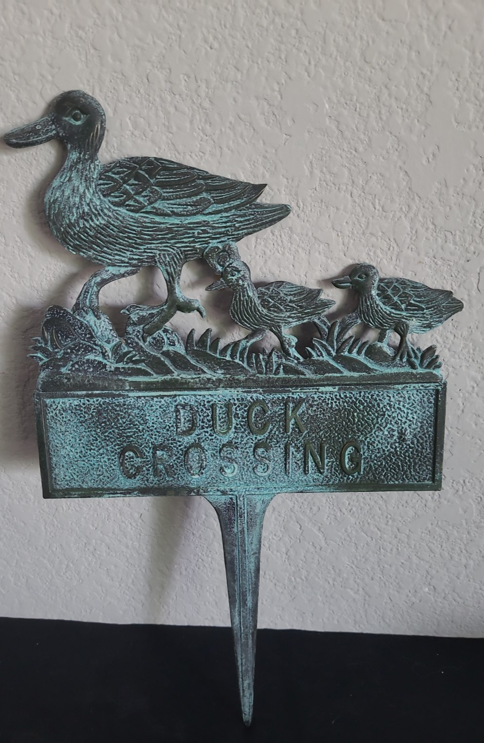 Vinatge Duck Crossing Yard Sign With Verdigris Green Patina