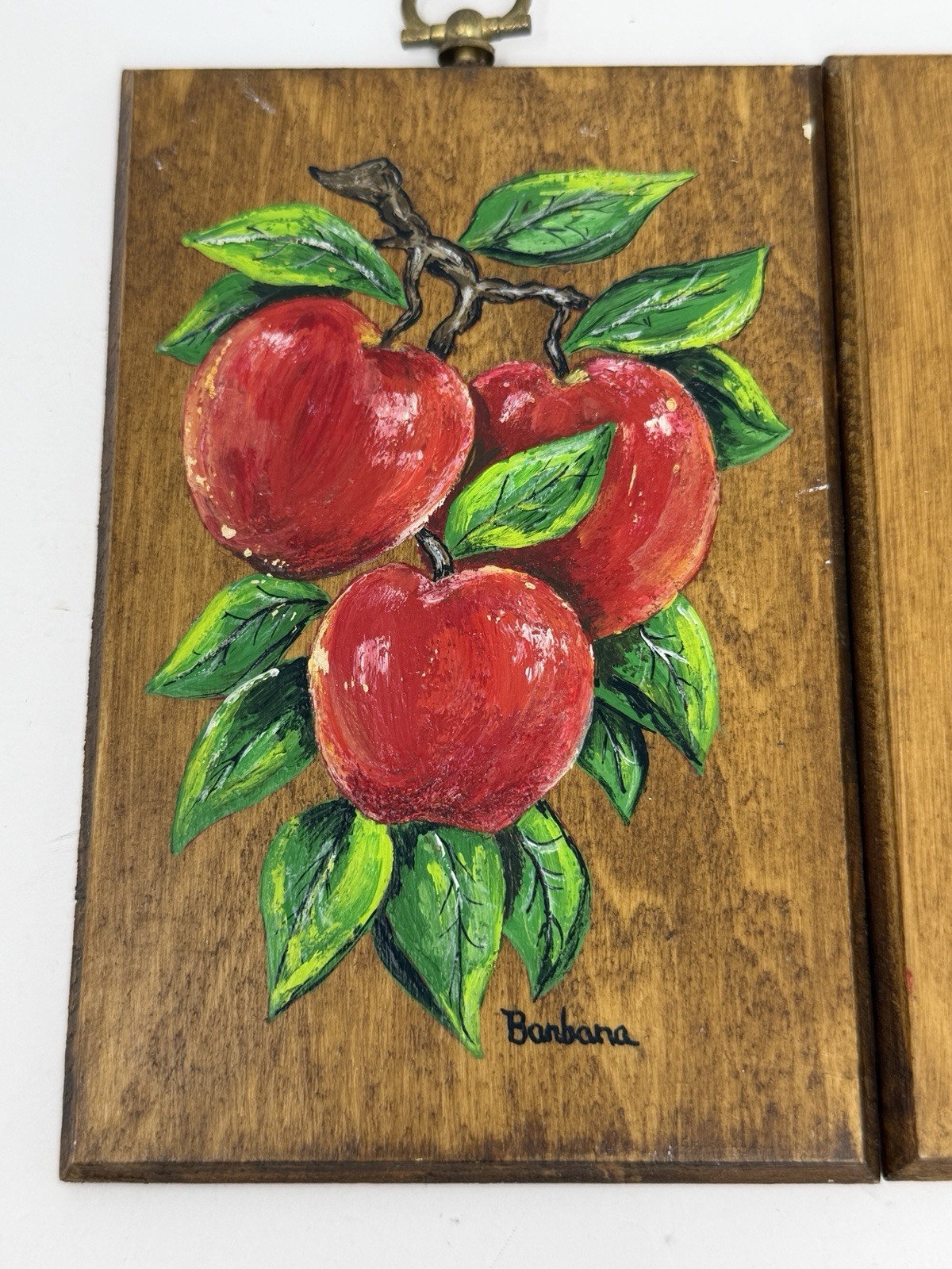 VTG Hand Painted Apple & Strawberry Wood Wall Plaque Set Cottage Core Signed