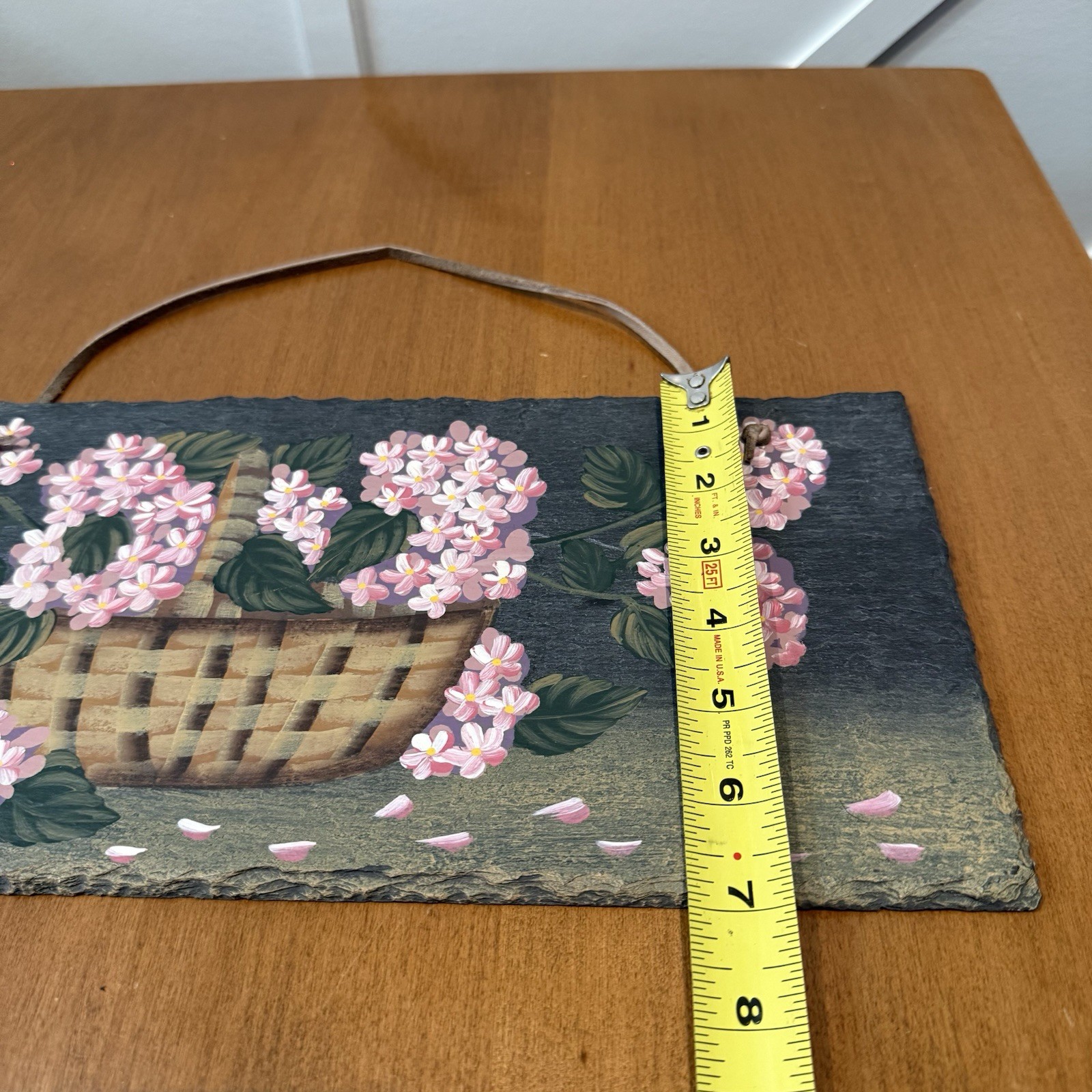 Natural Slate Handpainted Pink White Flower Basket Plaque Folk Art Farmhouse