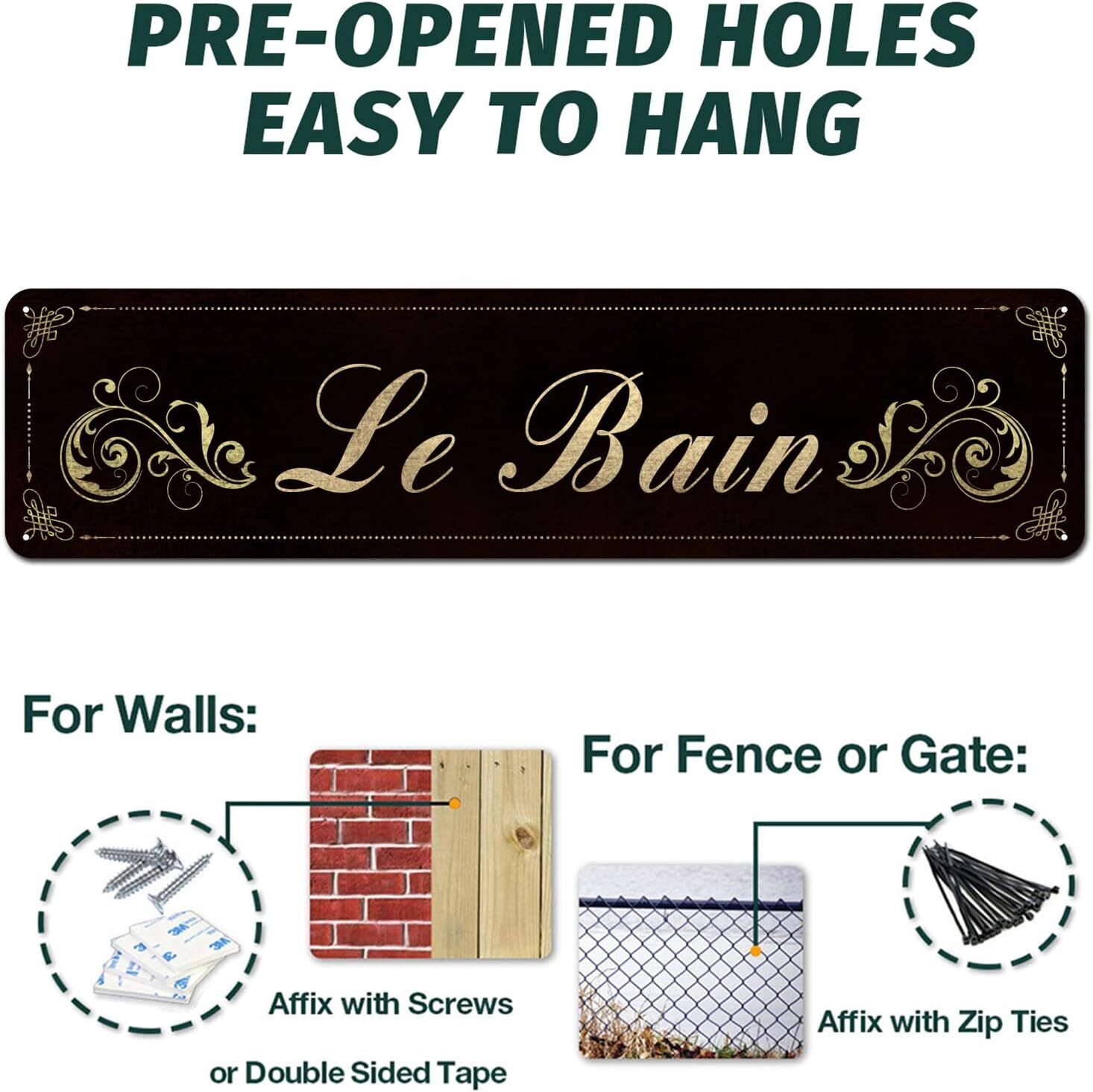 Le Bain French Country Bathroom Signs Tin Plaque for Home Décor 4″ x 16″