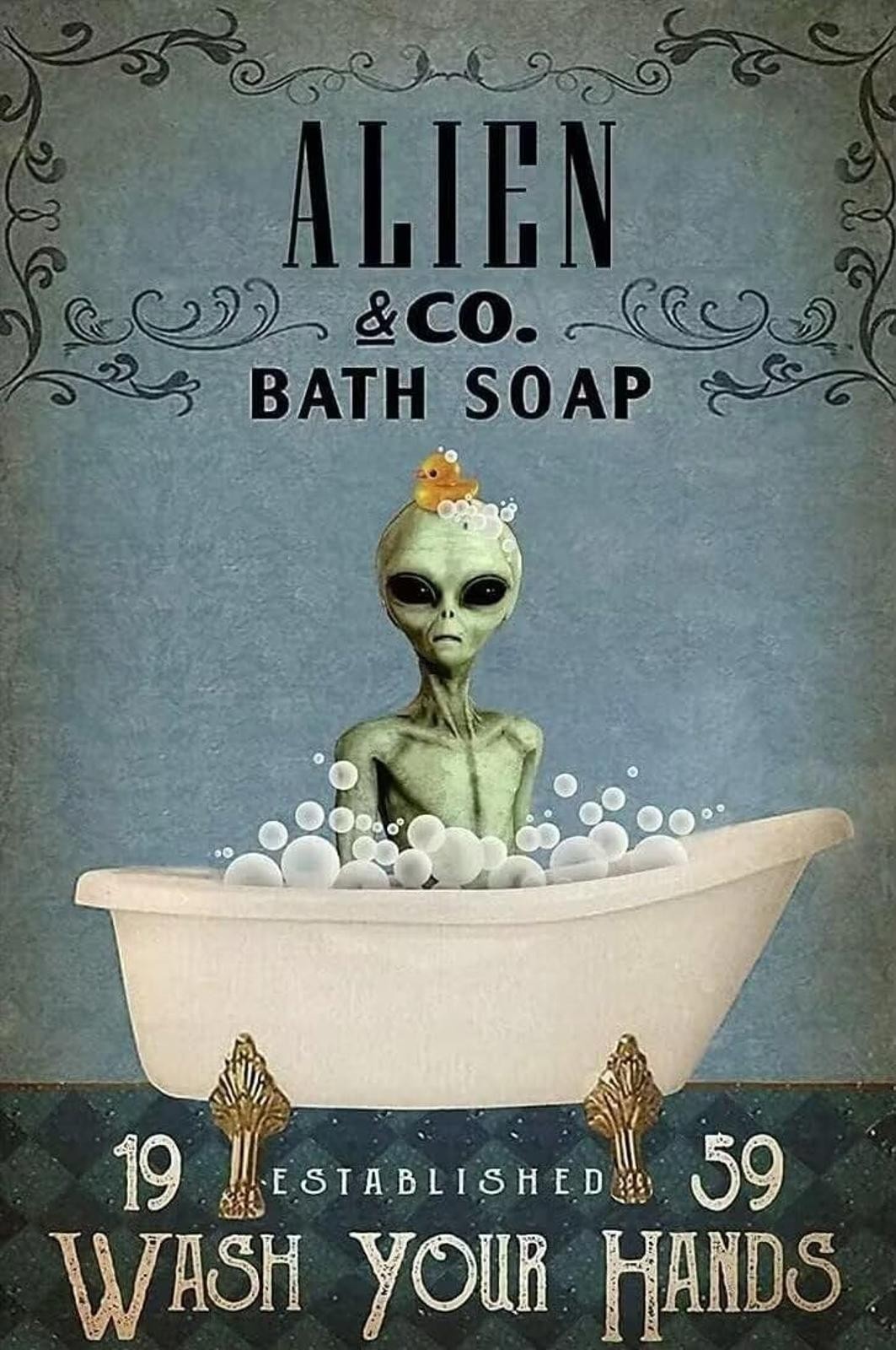 Metal Tin Sign Alien Bath Soap Funny Aluminum Wall Decor 8×12 Inches