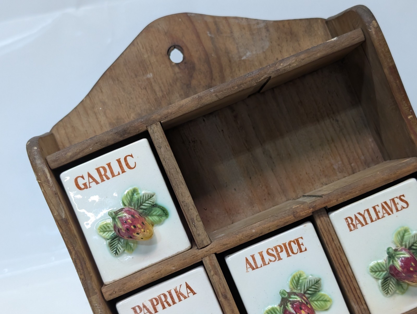 Vintage 1970s Wood & Ceramic Cottage Core Wall Spice Rack with Strawberry Design