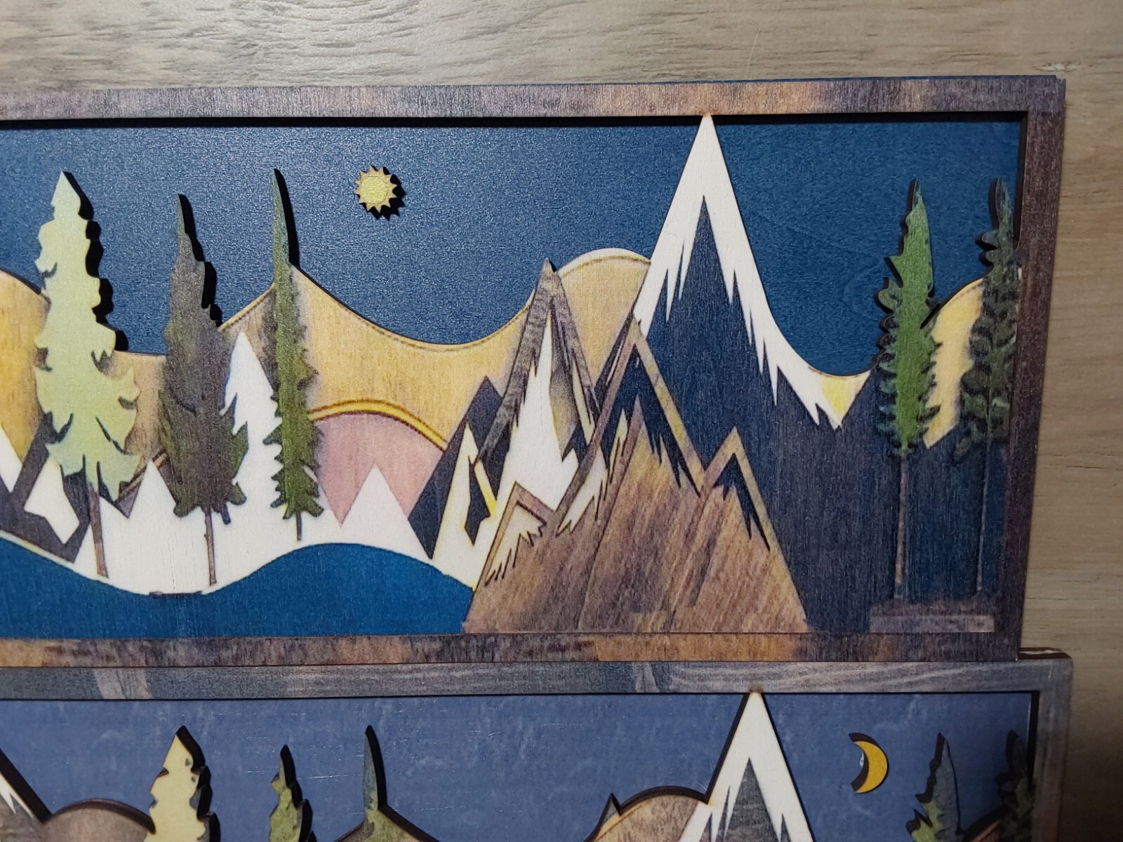 Rustic 3D Wooden Wall Art Multicolor Mountain Scenes Night Day 15.75×6.25 Cabin