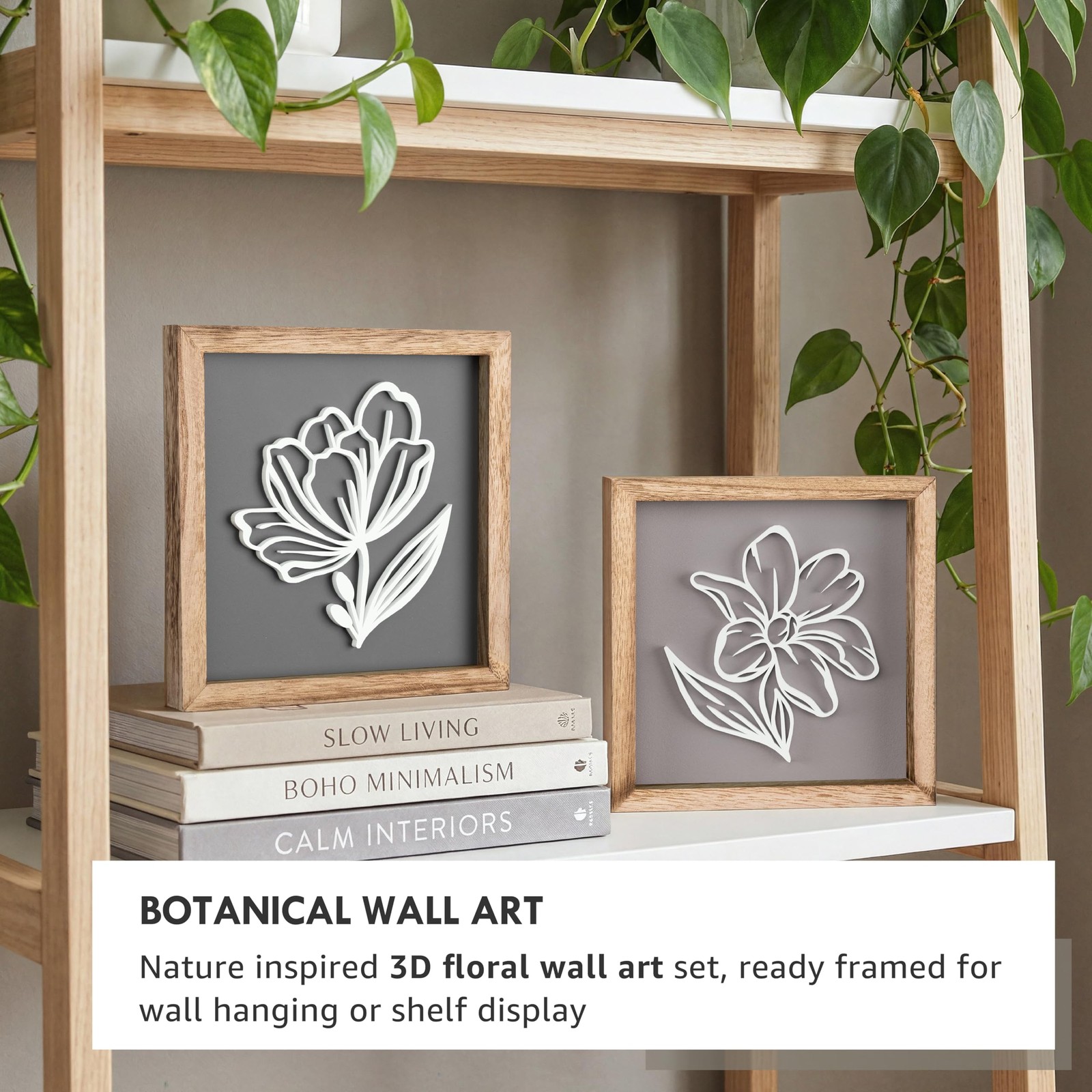 3D Botanical Floral Wall Art (Framed Set of 2) Ready-to-Hang Lightweight Boho…