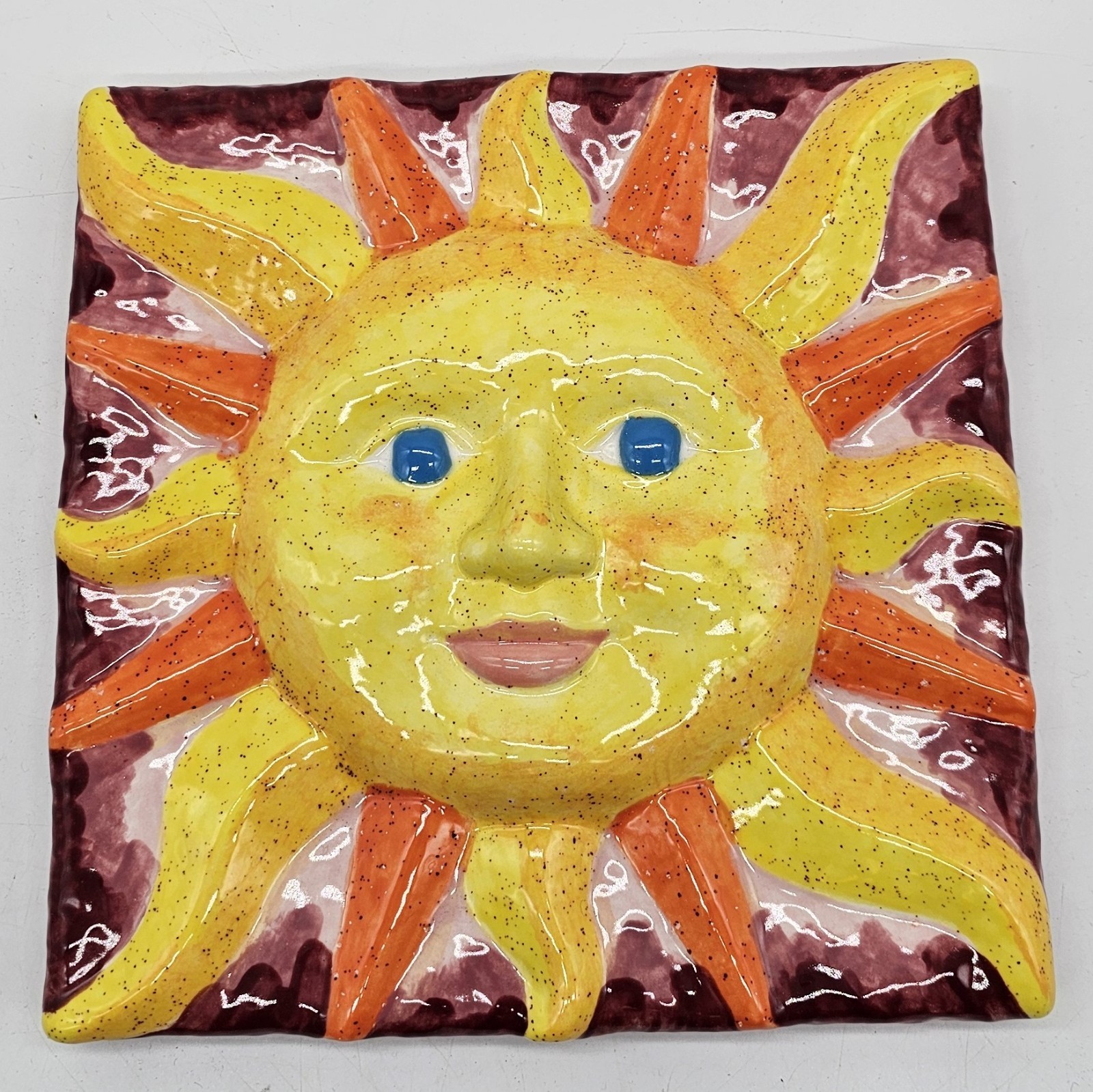 Handmade Ceramic Smiling Sun Face Bright Colors 8×8″ Plaque Wall Art Summer