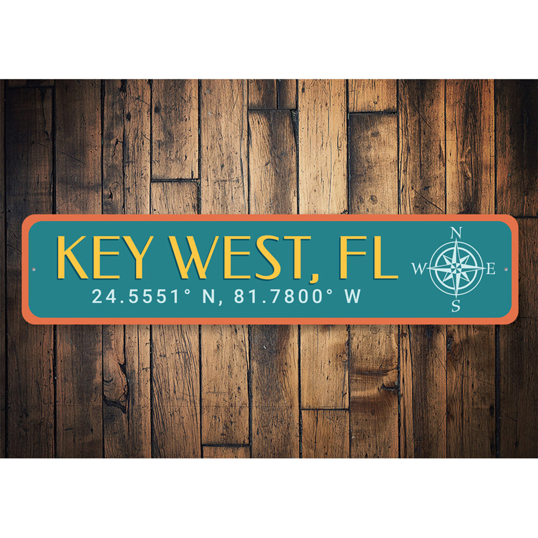 Key West Florida Sign with Coordinates and Cute Compass Design Metal Sign