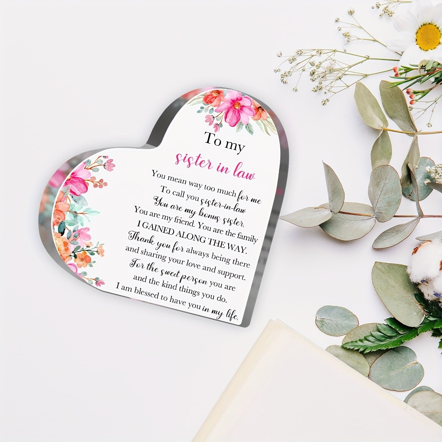 Beauty Floral Sister-in-Law Acrylic Heart Plaque Elegant Birthday Keepsake Gift