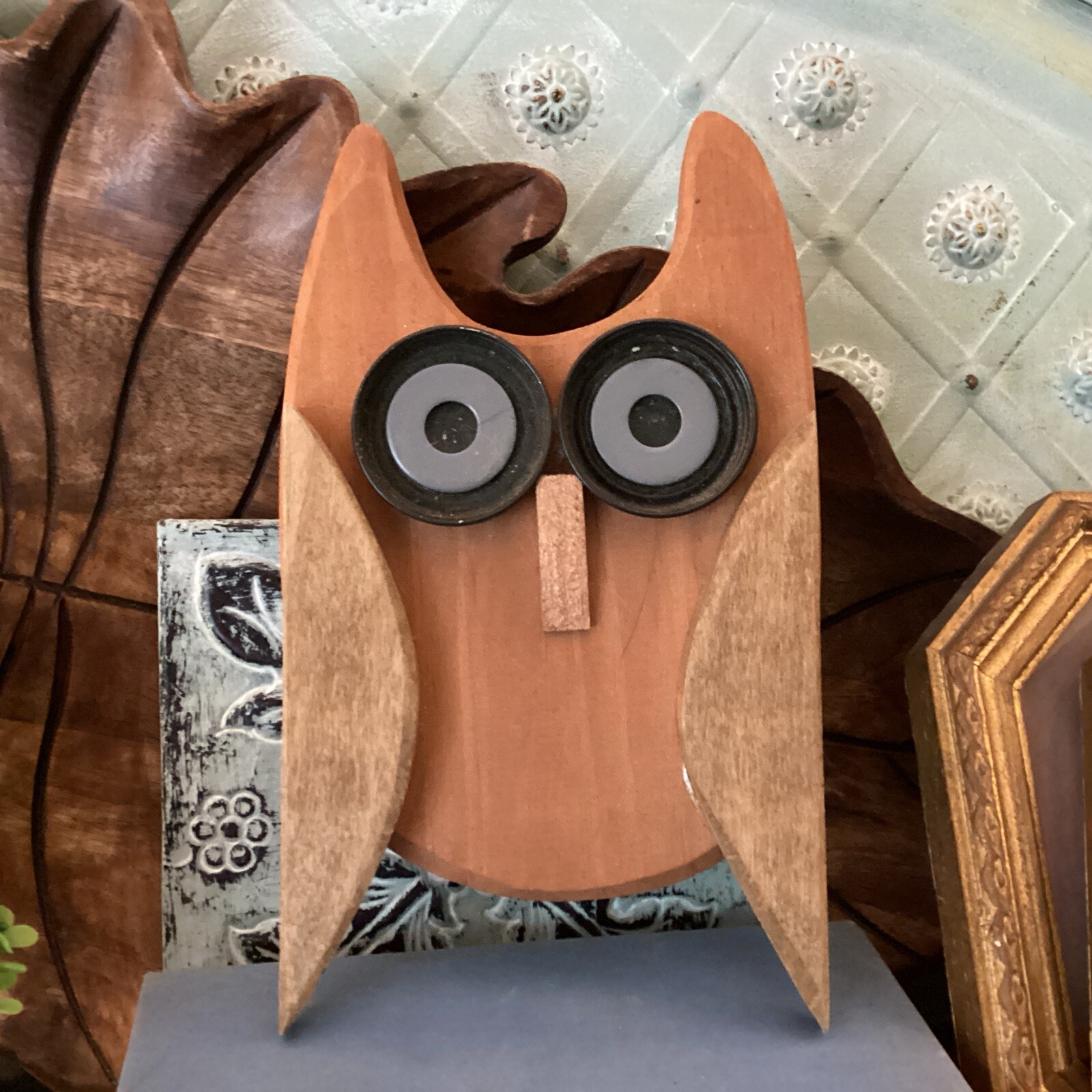 VTG Rustic Hand Painted Wood Owl Hanging Folk Art Recycled 9 1/2” By 5 1/2”