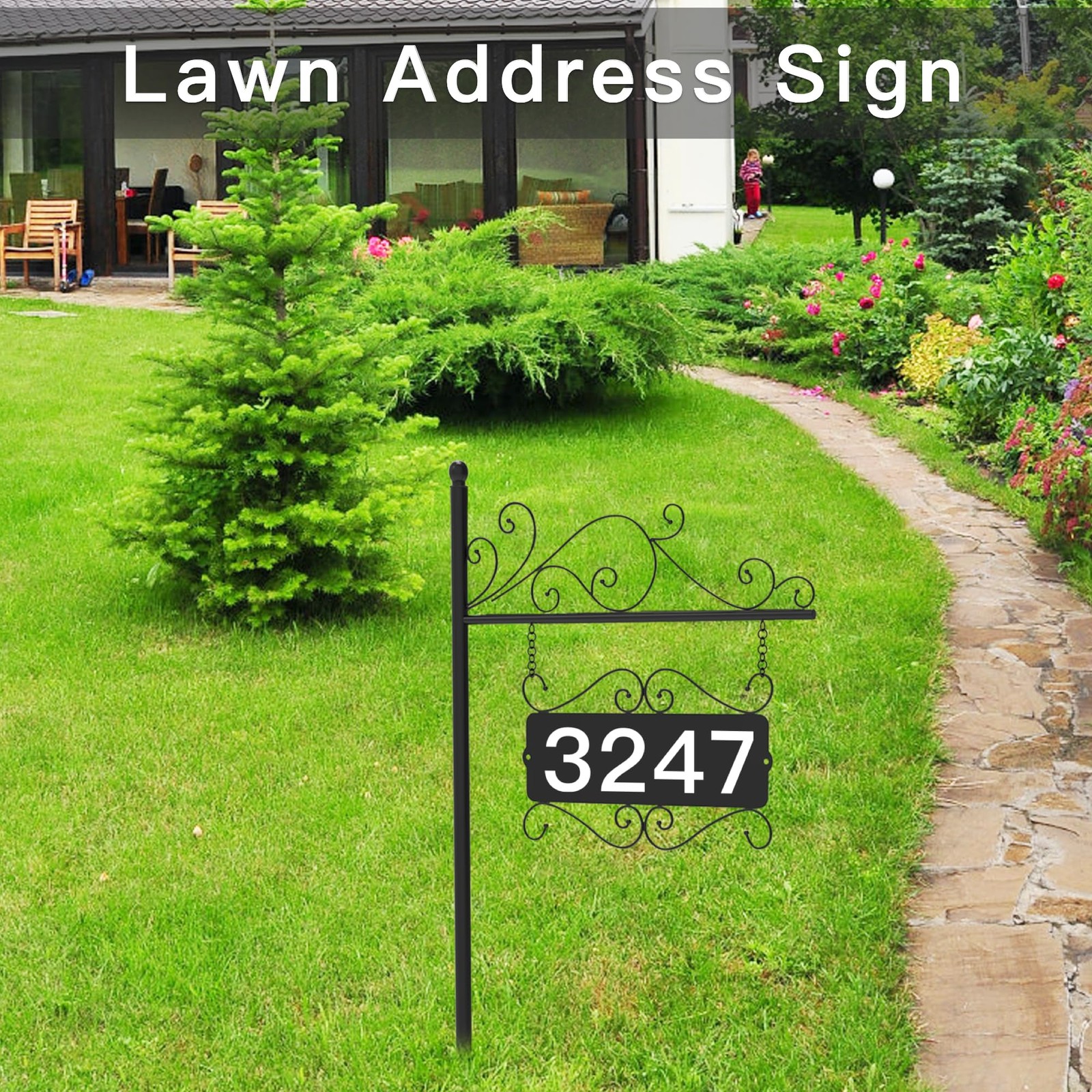 Metal Address Plaque for Outside, House Large Signage, Black Ground Mount