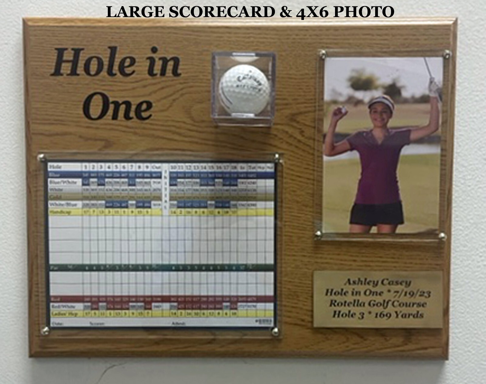 Personalized Golf Hole In One Display plaque 15″x12″ with your scorecard, ball