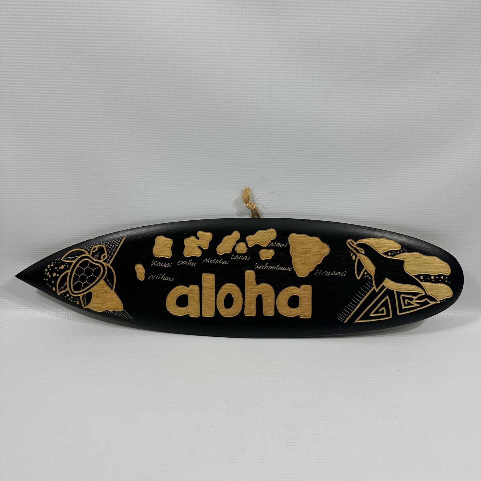 Wood Surfboard Aloha Hawaii Wall Sign Black Carved Turtle Dolphin Hanging Decor