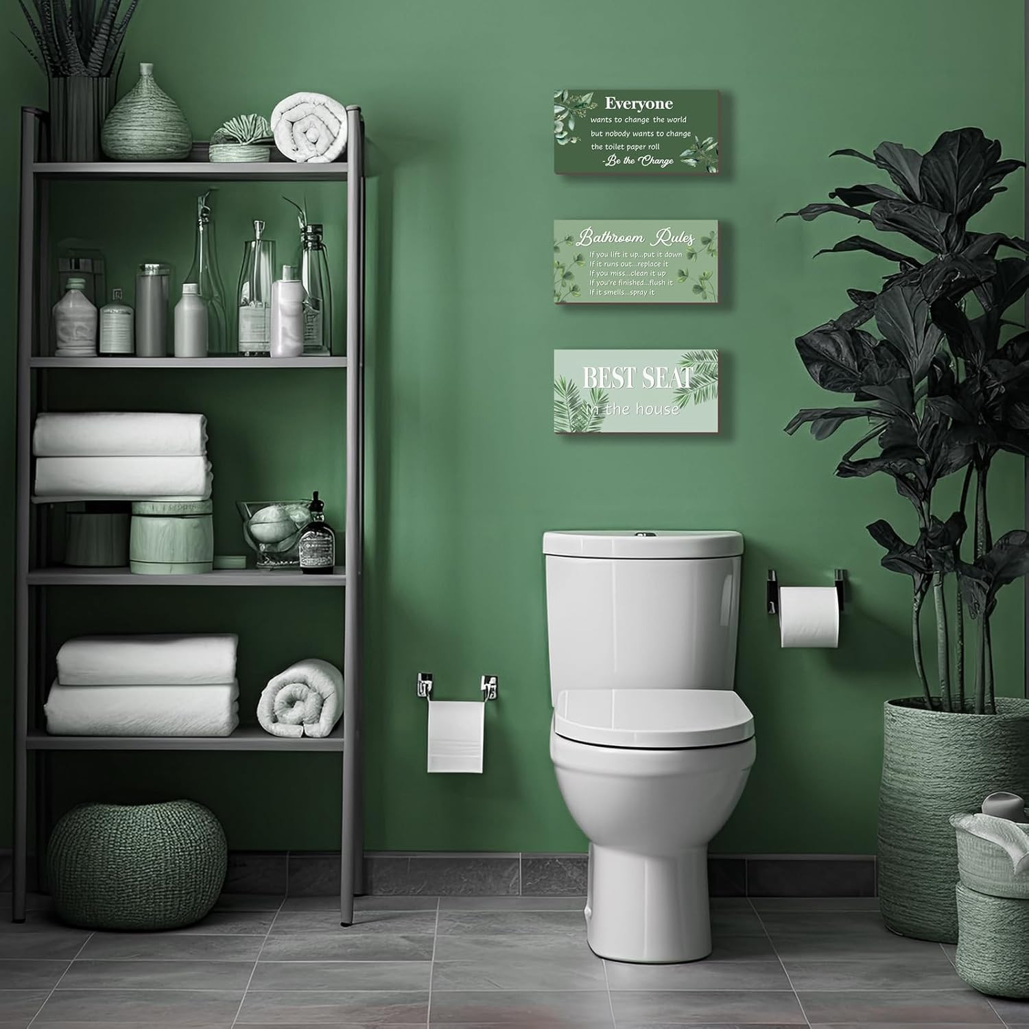 3 Pcs Green Bathroom Rules Decor Sage Farmhouse Wooden Best Seat in the House Wa