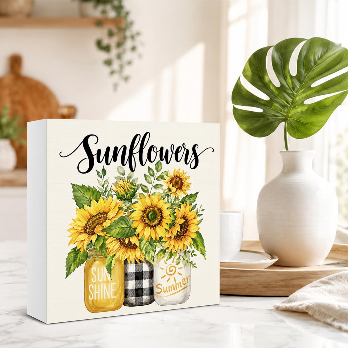Summer Sunflower Decor Sunflowers Sunshine Wooden Box Block Sign for Home Liv…