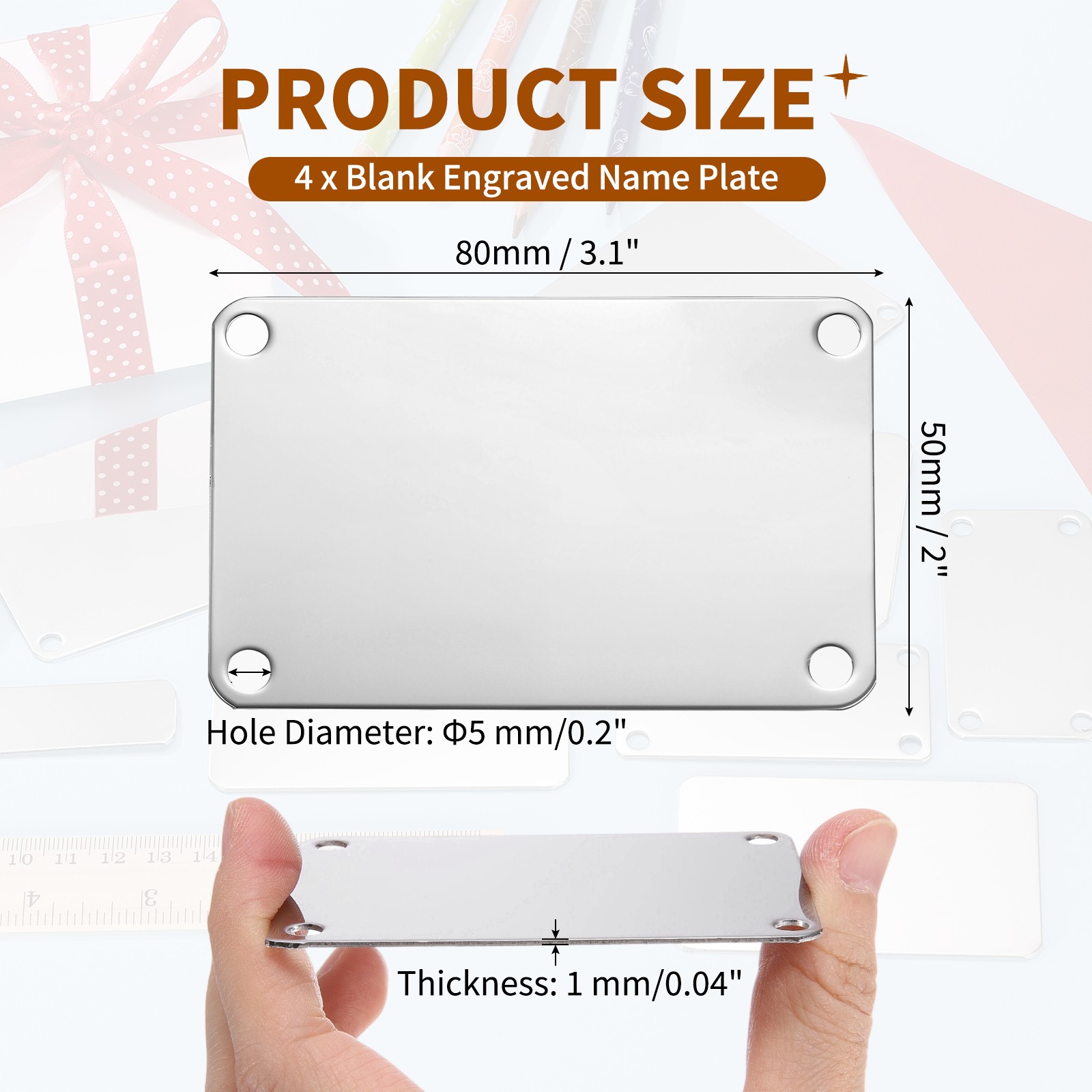 4Pcs Blank Name Plates, 3.1 x 2″ Mirror Engraved Plate with 4 Holes, Silver