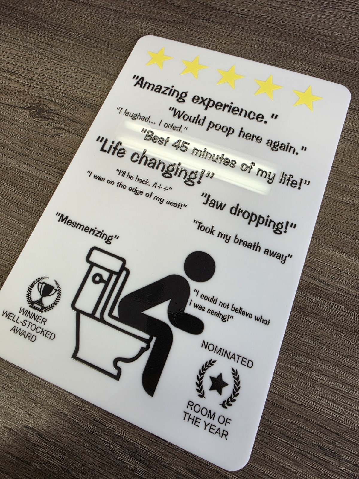 Funny 5 Star Bathroom Review Sign 12in W X 8inH