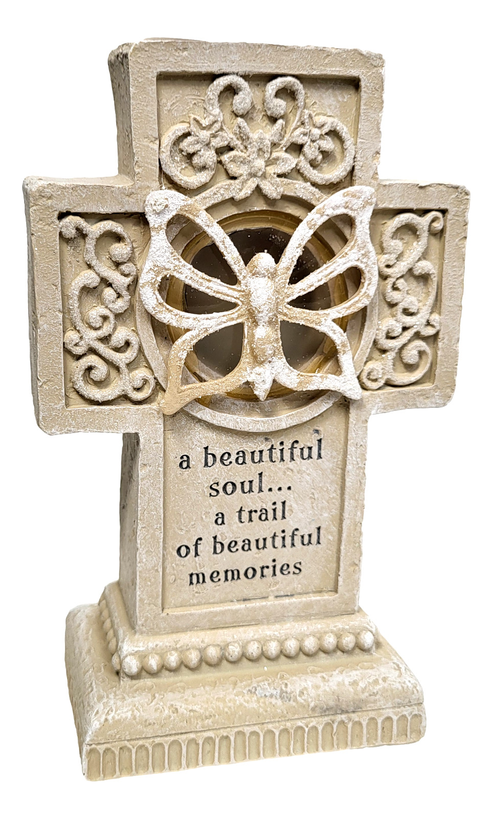Butterfly Pedestal Cross – Lights Up ~ In Loving Memory, Stone Finish 6″