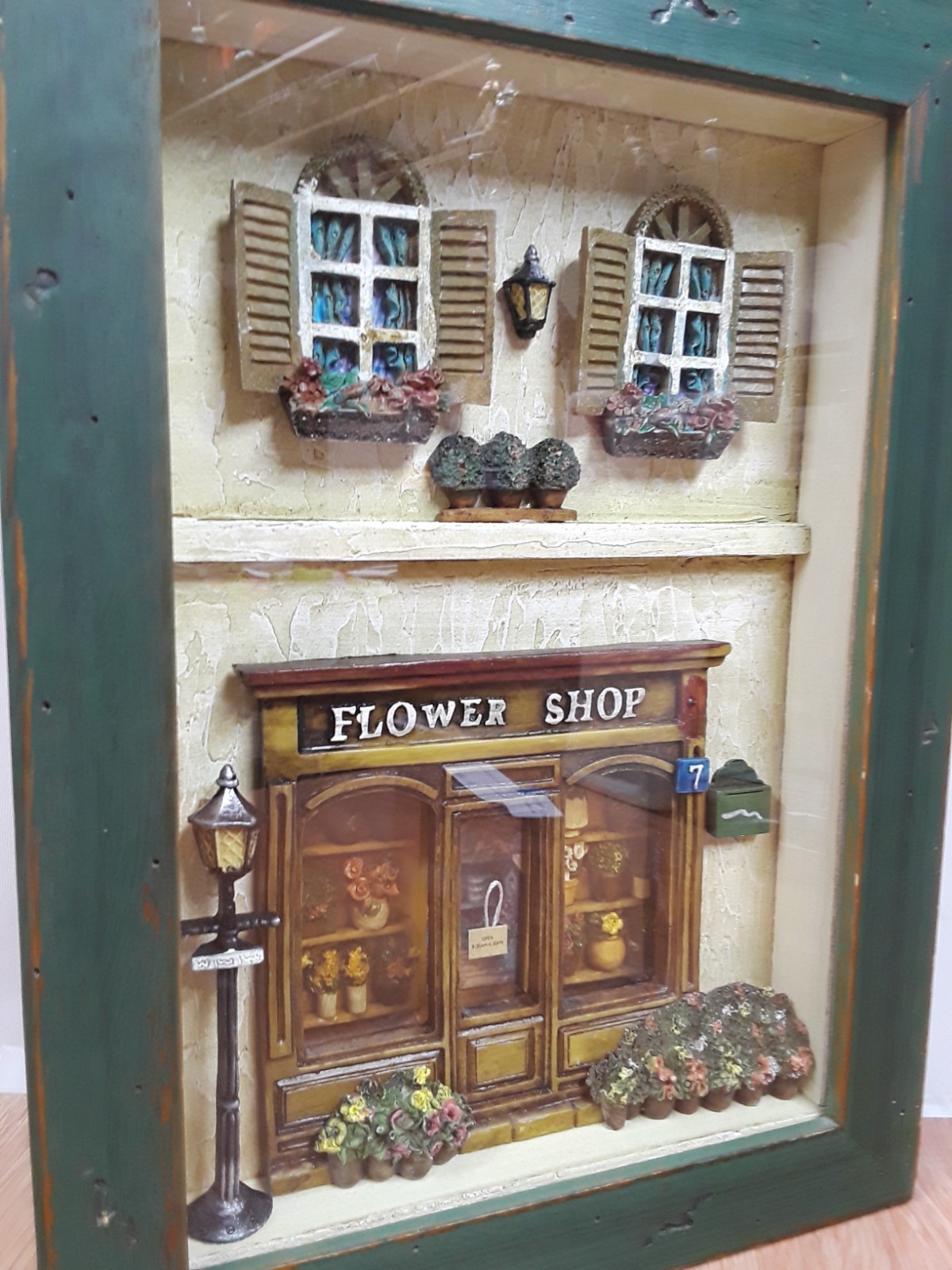 Vintage Flower Shop Shadow Box 3D Wood Glass Green Distressed Frame Wall Hanging