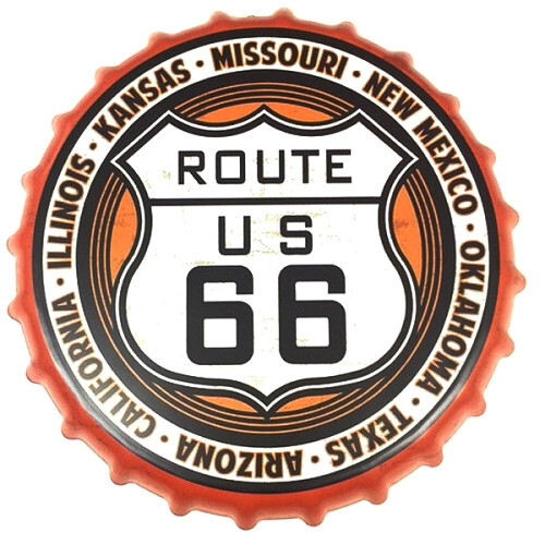 METAL BOTTLE CAP WALL ART: ROUTE 66, 14″ CIRCULAR, RESIN PAINT, 1 lb. W/HOOK