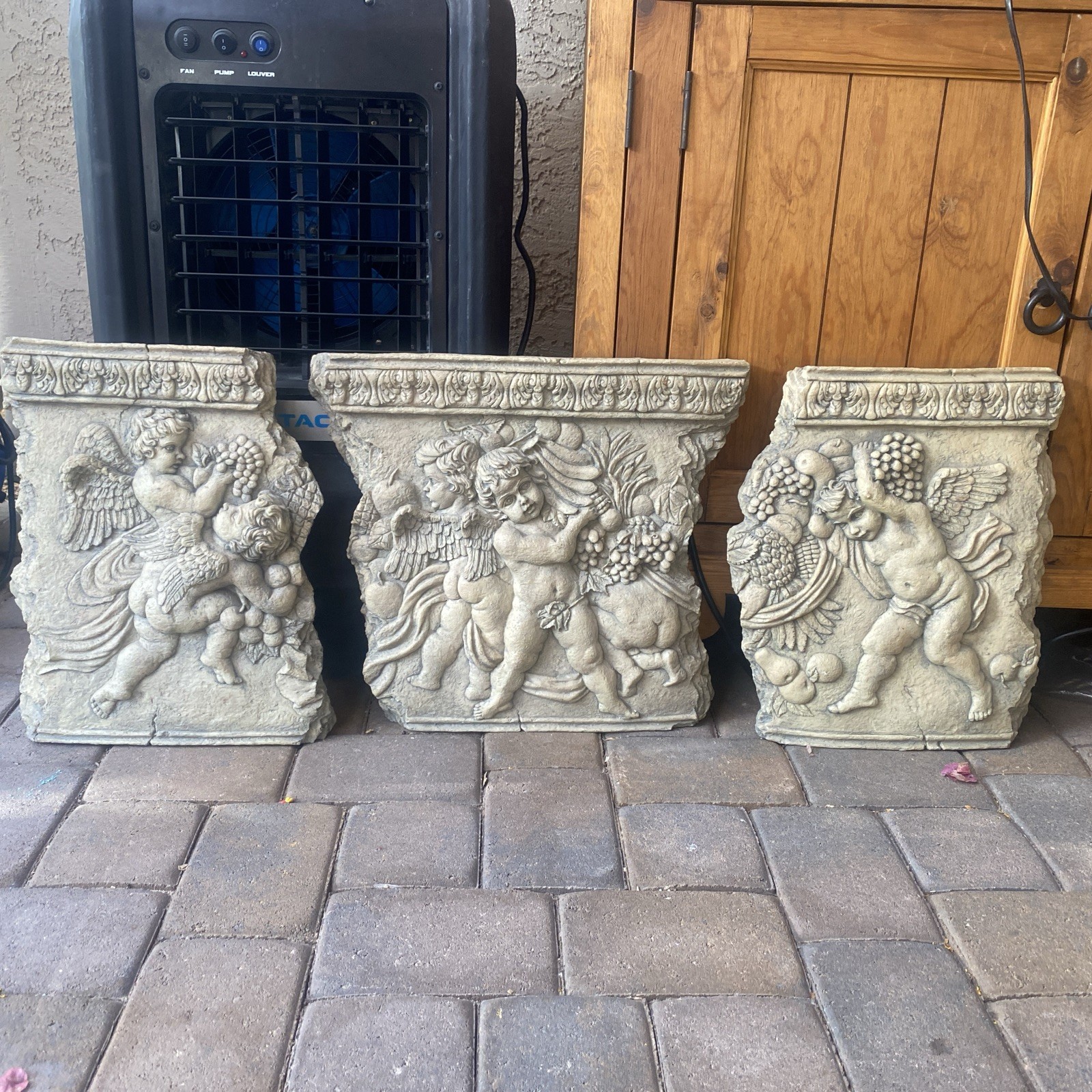 Set Of 3 Contemporary Wall 3D Panel Faux Stone Cherub Putti Roman-Greek-style