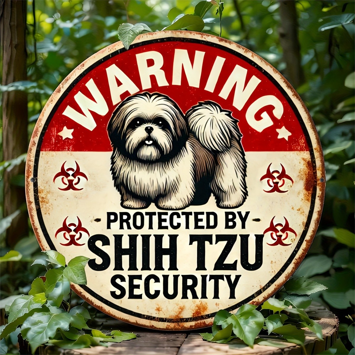 Tin Metal Signs 8×8 inches, Vintage Warning Sign, Shih Tzu Dog Security Round Pl