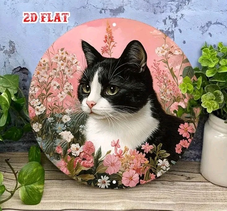 Black White Cat Pink Flowers Round Metal Sign 8″ Aluminum Wall Decor