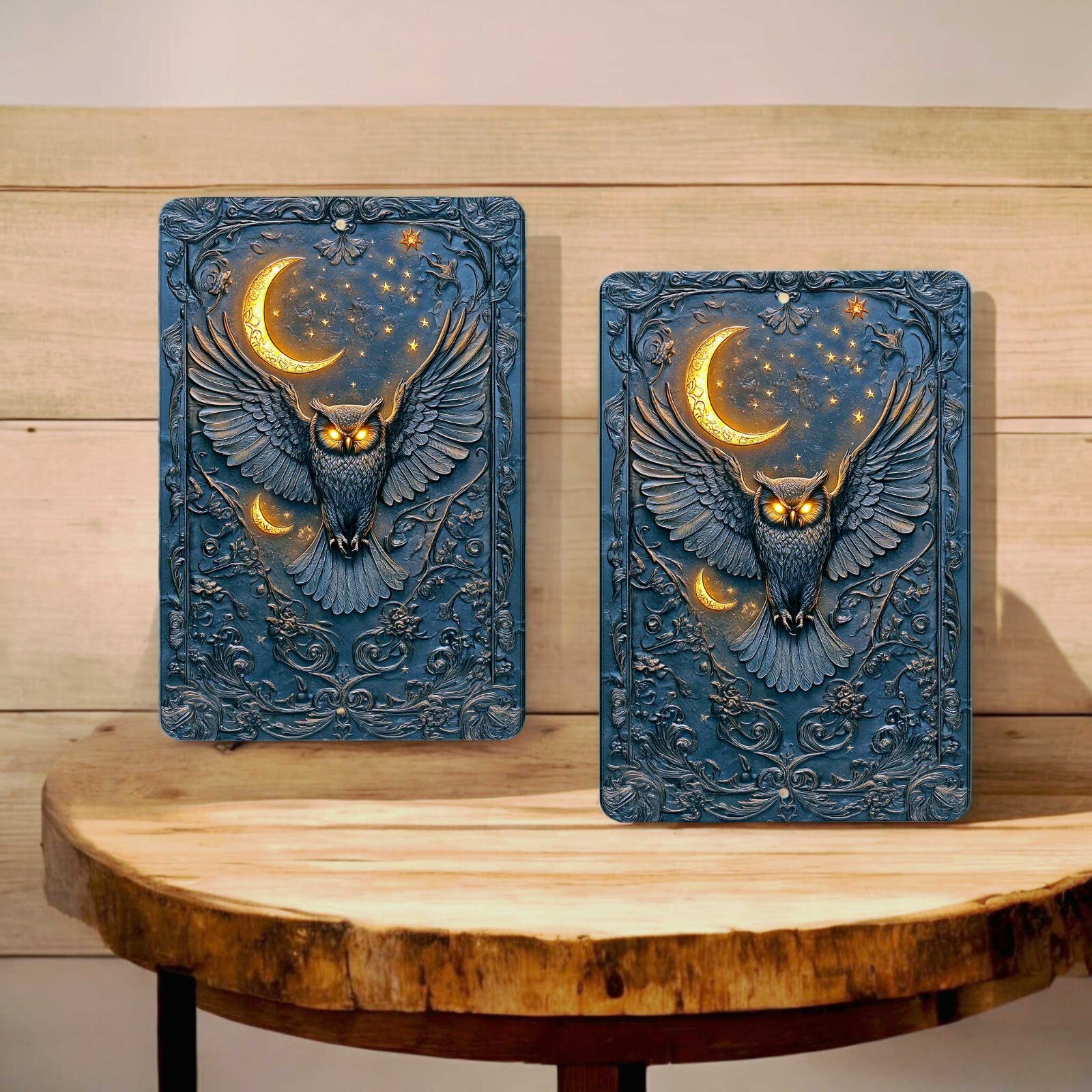 Owl Metal Wall Sign – 8×12 Celestial Decor with Moon and Stars, Gothic Wall Art