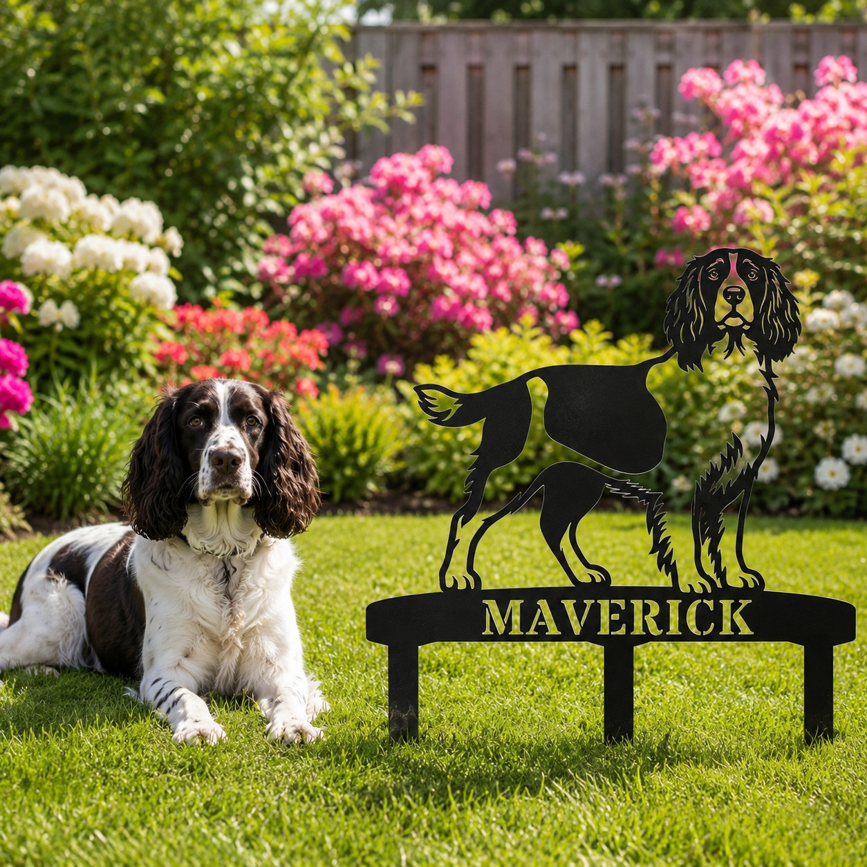 Personalized English Springer Spaniel Garden Metal Sign With Stakes And Name