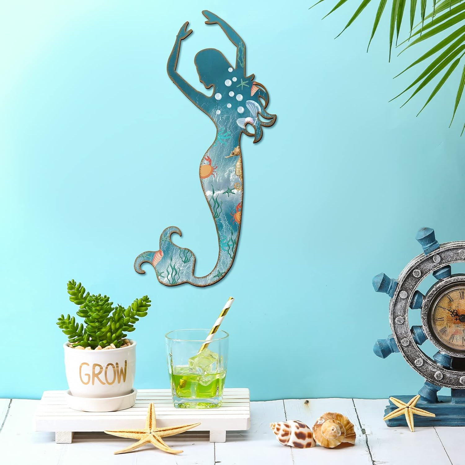Metal Mermaid Wall Art Rustic Hanging Mermaid Wall Decor Blue Elegant Sculpture