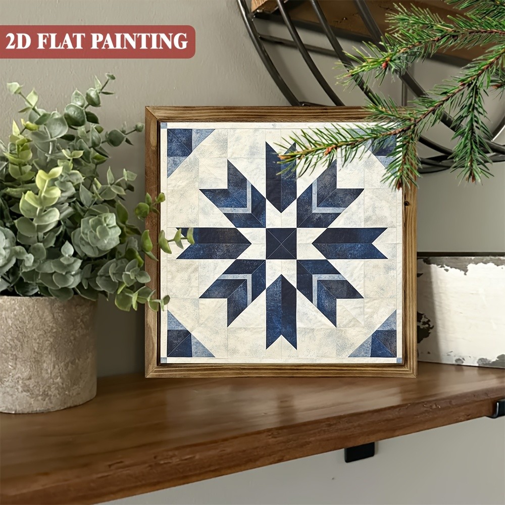 Neutral Navy Star Quilt Block Minimalist Living Room Wooden Framed Art Sign