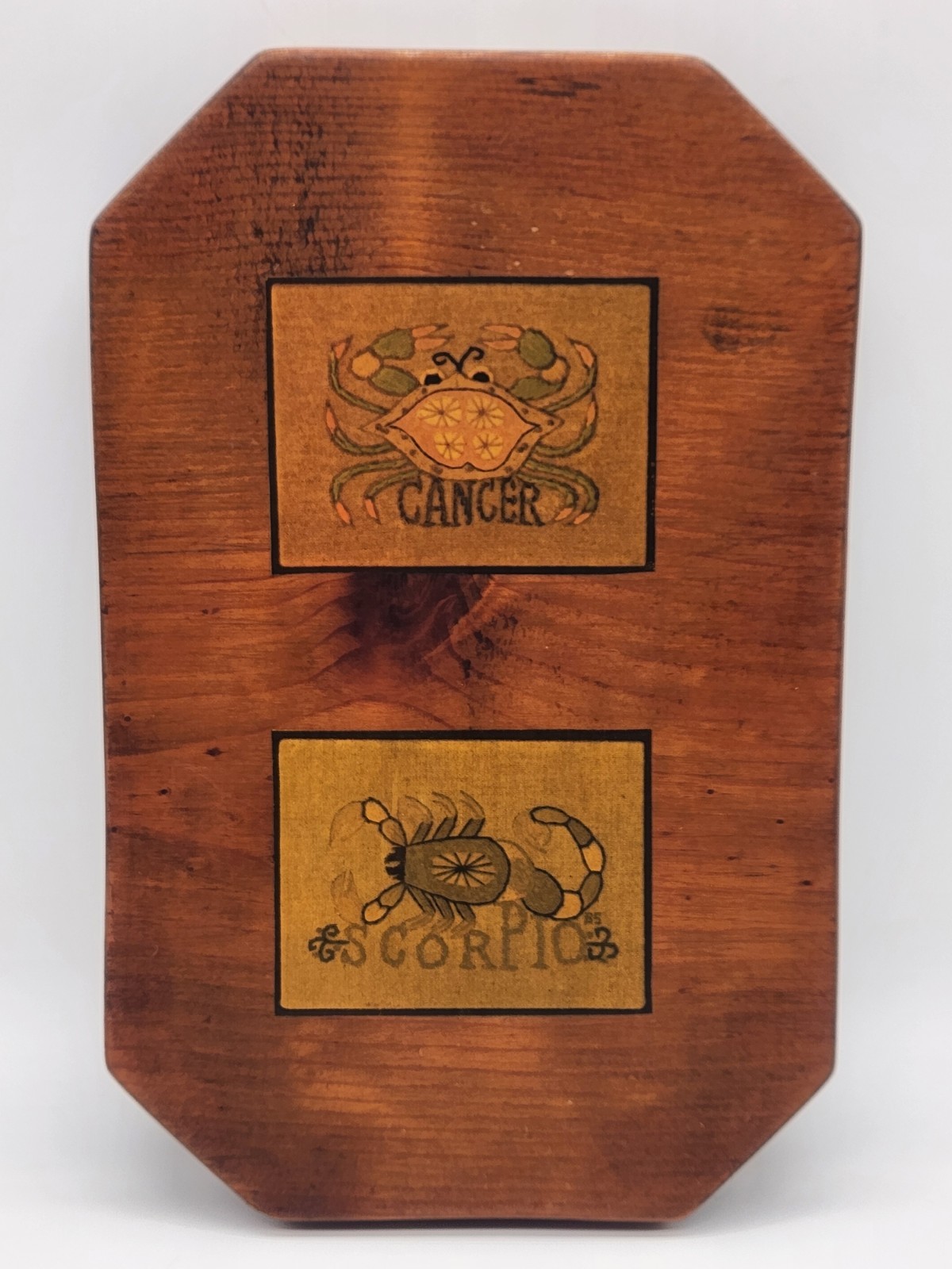 Vintage Handmade Lacquered Wood Wall Hanger Zodiac Cancer & Scorpio Astrology