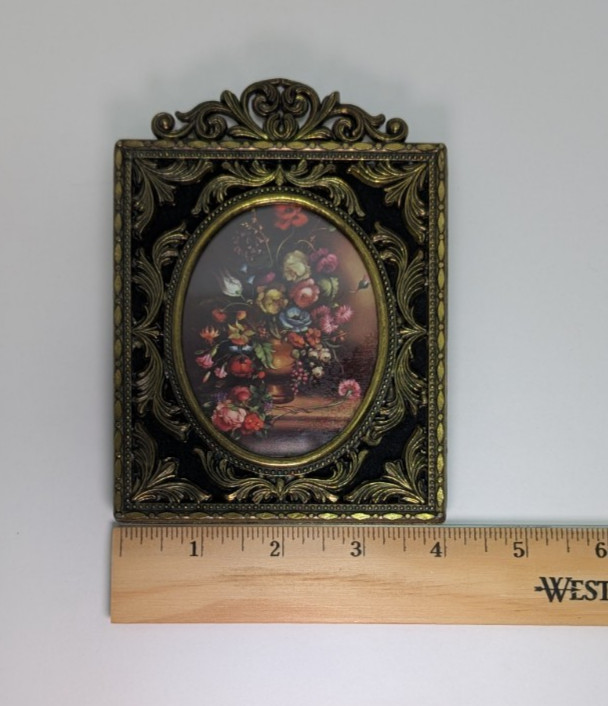 Vintage Made in Italy Ornate Brass Tone Floral Wall Plaque Picture 5″ Decor