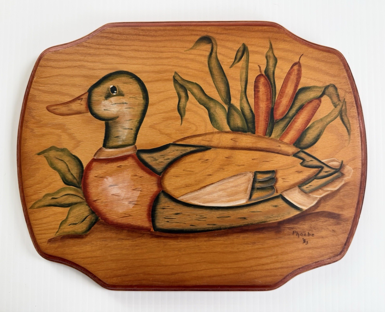 Vtg Hand Painted Wood Wall Plaque Cabin Decor Mallard Duck In Cattails 11.5×9”
