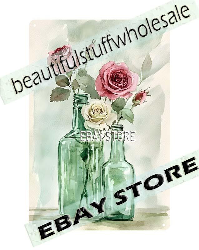 Flower Bottles Tin Sign Vintage soft pastel cottage garage shop wall decor